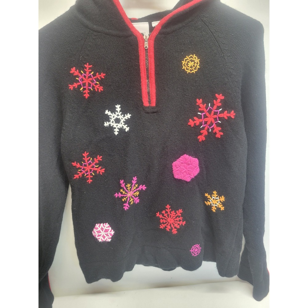 Liz Claiborne Black Snowflake Embroidered Quarter Zip Hoodie Sweater‎ small